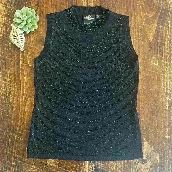Ziani Couture | Shimmery Beaded Black High Neck Tank Top - Picture 1 of 4